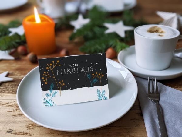 Weihnachtliche Tischkarten Nacht Schwarz Orange, mini Klappkarten zum beschriften deiner Festtafel an Nikolaus