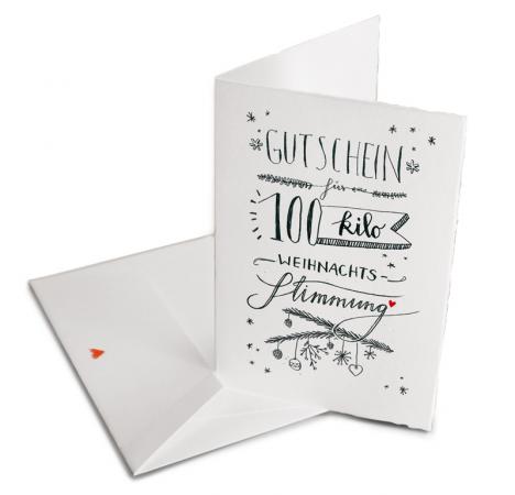 Grußkarte zu Weihnachten Gutschein für 100 Kilo Weihnachtsstimmung, Handlettering Design, Klappkarte aus Bütte