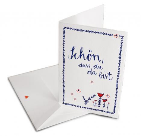 Schön, dass du da bist - Büttenkarte Klappkarte mit Büttenumschlag, zur Geburt und Taufe oder als Grußkarte zum einfach so verschenken - Blau Weiß Rot - mit Blumen im Bauernstil, Holland