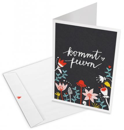 Einladungskarten - Kommt Feiern! - Klappkarten mit Umschlag, farbenfrohes florales folklore Design, Schwarz Bunt, für Party oder Geburtstagseinladung