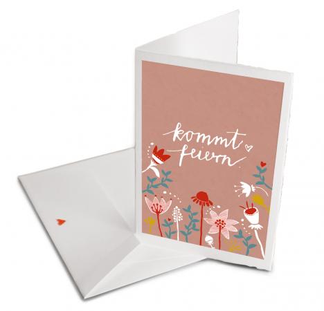 Einladungskarte Kommt Feiern! | rosa Klappkarte mit Umschlag | folklore Design mit Blumen im retro Bauernstil | Einladung für Party, Taufe, Geburtstag
