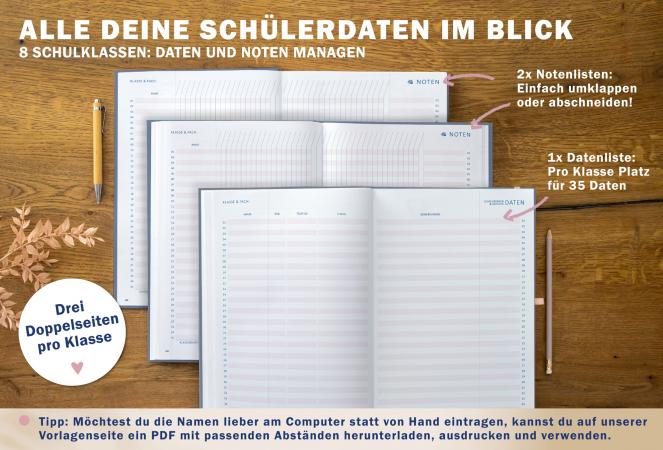 Lehrerkalender für Schuljahr 2025 2026, rosa blau, mit Stundenplan, Klassenlisten, Kontaktlisten, Klassenarbeiten Planung, Vertretungsstunden, u.v.m.