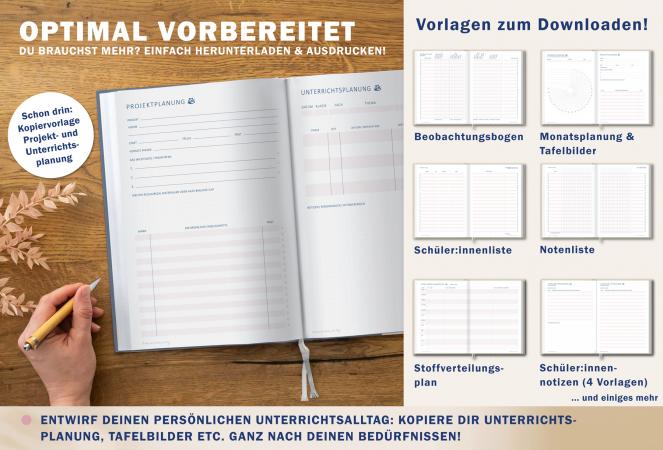 Jahresübersicht Lehrerplaner für Schuljahr 2025 2026, Terminkalender, eine Woche zwei Seiten, dunkelblau altrosa