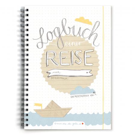 A5 Reisetagebuch zum selbst gestalten, Vintage Design in Weiß Beige Blau