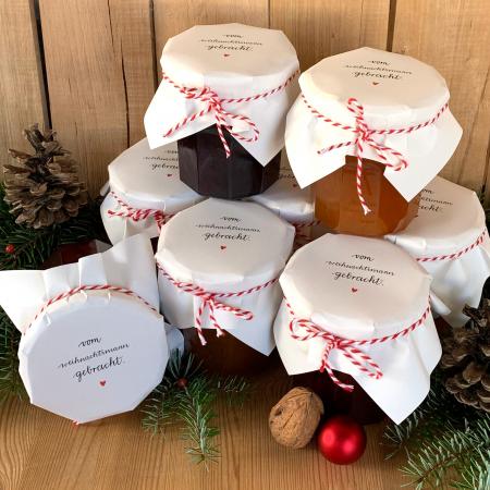 Weiße Marmeladendeckchen Weihnachten mit Kalligrafie Spruch