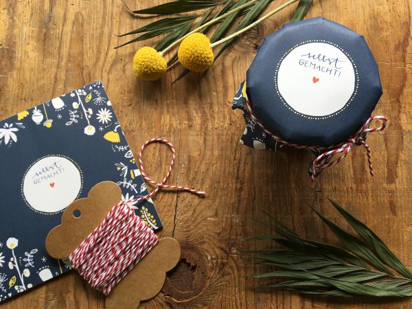 Marmeladendeckchen für Dankeschön Gastgeschenke im floralen folklore Design, Blau Weiß Gelb