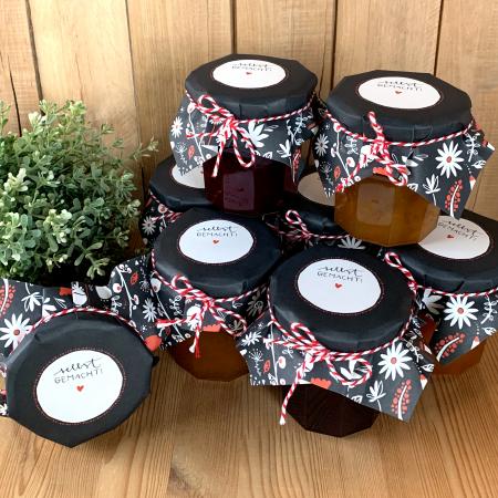 Marmeladendeckchen für Dankeschön Gastgeschenke im floralen folklore Design, Schwarz Weiß Rot