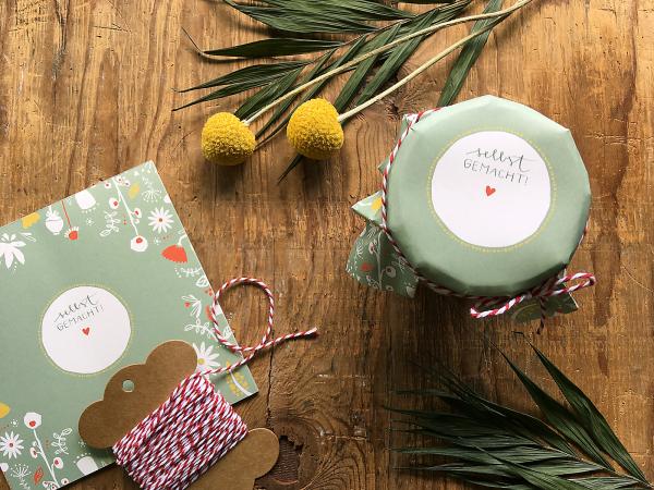 Marmeladendeckchen für Dankeschön Gastgeschenke im floralen folklore Design, Grün Weiß Gelb