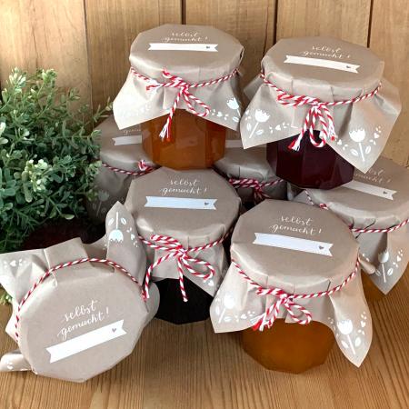 Marmeladendeckchen für Dankeschön Gastgeschenke im floralen vintage Design, Beige Weiß