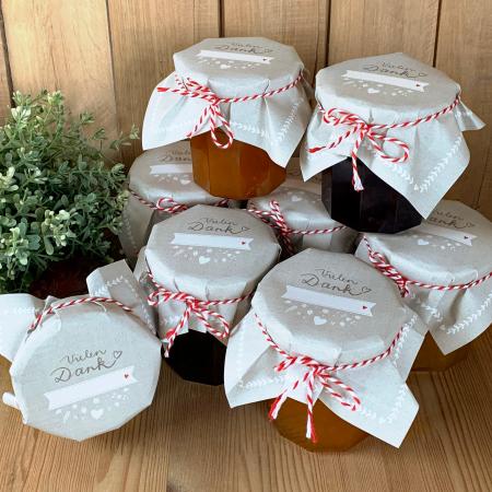 Marmeladendeckchen für Hochzeit Gastgeschenke im vintage Design, Creme Beige Weiß