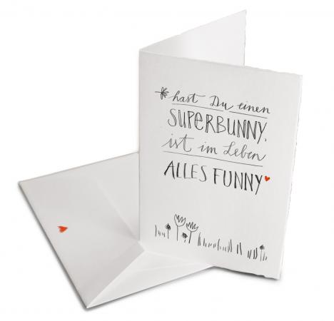 Lustige Osterkarte - Hast Du einen Superbunny, ist im Leben alles funny - Grußkarte mit Umschlag für deine Ostergrüße, zum Valentinstag oder Geburtstag, Klappkarte aus Bütte