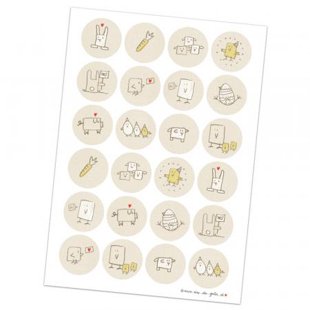 24 gemischte Ostersticker mit Tiermotiven für Ostern im retro DIY Design, Creme Gelb