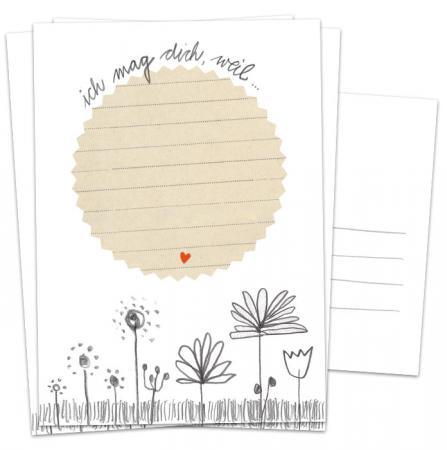 Hochzeitsspiel / Partyspiel: Ich mag Dich, weil - Handlettering Design mit Blumen - Postkartenspiel, Weiß Grau Beige, 3-100 Stück