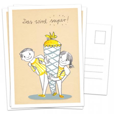 Einladungskarten & Glückwunschkarte zur Einschulung für Jungs & Mädchen, retro Einschulungskarte mit Schulkind & Schultüte,  A6 Postkarten, blau gelb