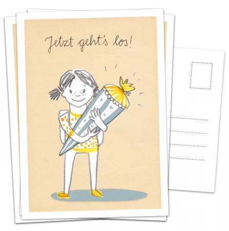 Einladungskarten & Glückwunschkarte zur Einschulung für Mädchen, retro Einschulungskarte mit Schulkind & Schultüte,  A6 Postkarten, blau gelb