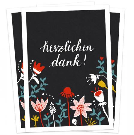 Dankeskarten - Herzlichen Dank! - Schwarz mit bunten Blumen, Danksagungskarten für Hochzeit, Geburtstag, Taufe, 3-100 Recyclingpapier Postkarten