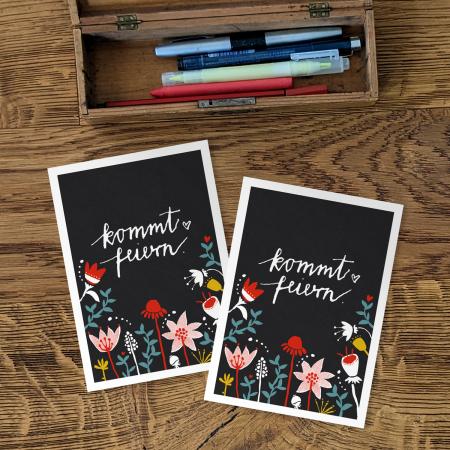 kommt feiern Einladungskarte im floralen folklore Design, schwarz, bunt