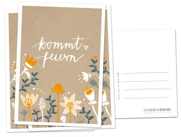 Einladungskarten - Kommt Feiern! - Postkarten, florales folklore Design, Beige Orange Blau Weiß, für deine Party oder Geburtstagseinladung