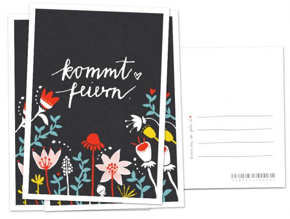 Einladungskarten - Kommt Feiern! - Postkarten, farbenfrohes florales folklore Design, Schwarz Bunt, für deine Party oder Geburtstagseinladung