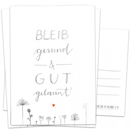 Geburtstagskarte & Dankeskarte - Bleib gesund & gut gelaunt! | florale Postkarten mit Handlettering Schriftzug | Weiß