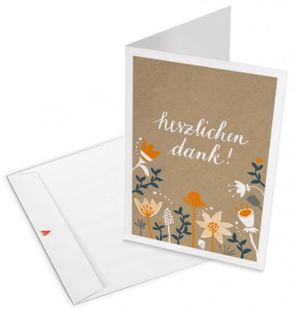 Dankeskarten - herzlichen dank! | geschmackvolle Danksagung Klappkarten mit Umschlag | florales folklore Design, Beige Orange Blau Weiß
