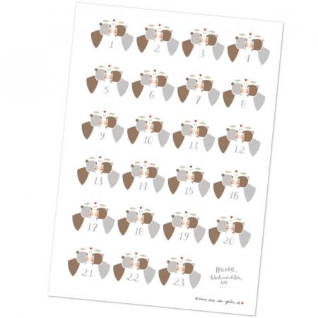 Adventskalender zum befüllen, retro Adventskalenderzahlen mit Kuss Motiv im Set mit 24 Adventstüten, Weiß Beige Grau