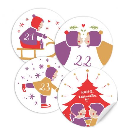 Adventskalender zum befüllen, retro Adventskalenderzahlen mit 4 Motiven im Set mit 24 Adventstüten, Weiß Lila Rot
