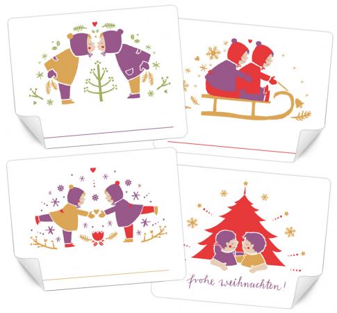 15 Weihnachtsdeko Aufkleber | 4 winterliche Motive für Weihnachten | Lila Weiß Rot Gelb | rechteckige selbstklebende Sticker gemischt, 48x61 mm