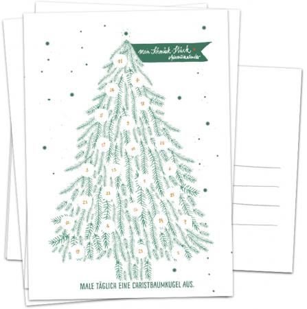 Adventskalender Postkarten mit Baumkugeln zum Ausmalen | Mini Adventskalender als Alternative für Weihnachtskarten & Weihnachtsgrüße | Grün Weiß