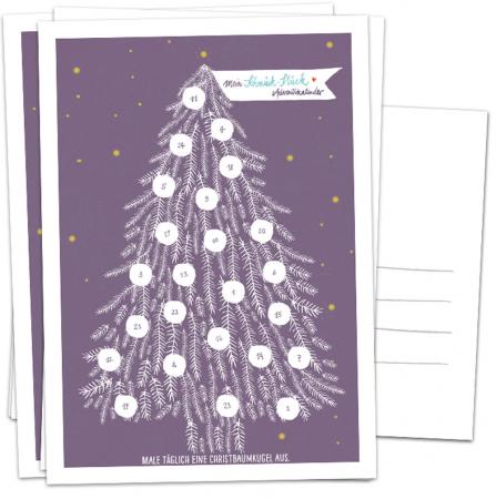 Adventskalender Postkarten mit Baumkugeln zum Ausmalen | Mini Adventskalender als Alternative für Weihnachtskarten & Weihnachtsgrüße | Lila Weiß