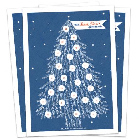 Adventskalender Postkarten mit Baumkugeln zum Ausmalen | Mini Adventskalender als Alternative für Weihnachtskarten & Weihnachtsgrüße | Blau Weiß Rot