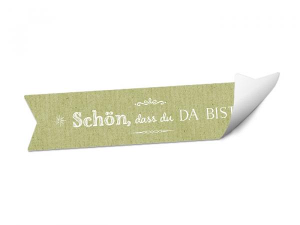 Gastgeschenk Sticker - Schön dass du da bist! | 24 Wimpel Aufkleber im Vintage Typografie Design | Grün Weiß | Tischdeko für Hochzeit & Party
