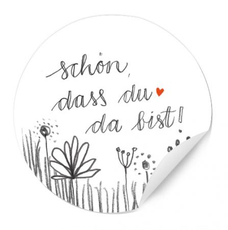 Schön dass du da bist - Aufkleber im schönen Handlettering Design - 24 runde Gastgeschenk Sticker - Weiß Grau mit Blumen