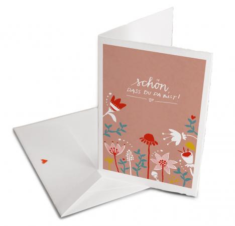 Schön, dass du da bist - Rosa Büttenkarte mit Blumen im Retro Bauernstil, zur Geburt und Taufe oder als Grußkarte, Klappkarte mit Umschlag