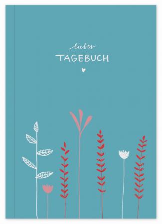 Liebes Tagebuch, Notizbuch für Erwachsene, Mädchen und Jungen, liniert, 92 Seiten, 120 g Recyclingpapier, A5 Softcover, Blau Türkis Pink mit Blumen