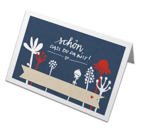 Hochzeit Tischkarten Blau - Schön, dass du da bist! | retro Design mit Blumen, Weiß Rot | als Tischdeko und Sitzordnung für eure Hochzeit