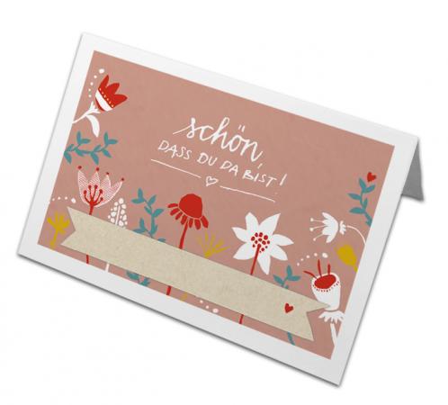 Hochzeit Tischkarten Rosa - Schön, dass du da bist! | Recyclingpapier Namenskarten als Tischdeko & Sitzordnung | retro Folklore Design mit Blumen