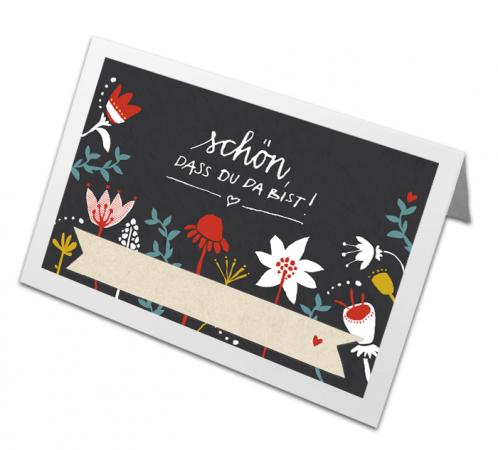 Hochzeit Tischkarten Schwarz Bunt - Schön, dass du da bist | Recyclingpapier Namenskarten als Tischdeko & Sitzordnung | florales retro Folklore Design