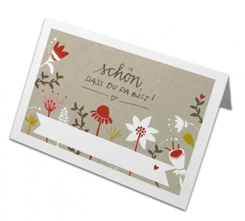 Hochzeit Tischkarten Creme - Schön, dass du da bist! | Recyclingpapier Namenskarten als Tischdeko & Sitzordnung | retro Folklore Design mit Blumen