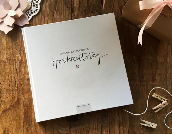 Hochzeitsgästebuch quadratisch, Weiß Rosa mit Schriftzug im Handlettering Design, Hardcover Gästebuch