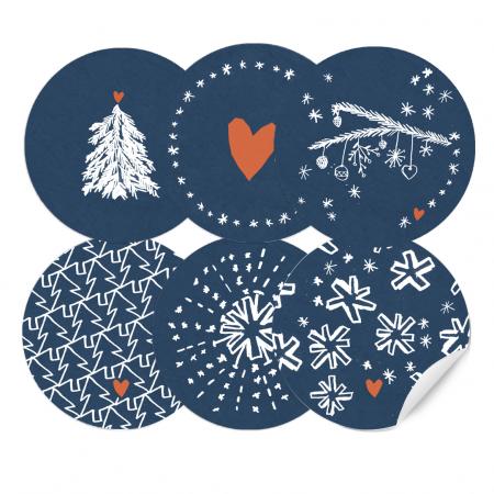 24 Weihnachtsdeko Aufkleber - Blau Weiß - runde Sticker im verspielten Design, gemischt, 6 Motive, 4 cm