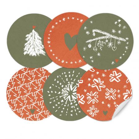 24 Weihnachtsdeko Aufkleber - Rot Grün - runde Sticker im verspielten Design, gemischt, 6 Motive, 4 cm