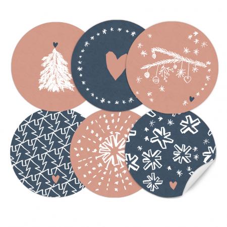 24 Weihnachtsdeko Aufkleber - Rosa Blau Weiß - für Mädchen, runde Sticker im verspielten Design, gemischt, 6 Motive, 4 cm