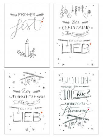 12 gemischte Weihnachtskarten - im Schwarz Weiß Kalligrafie Design | Sprüche zu Weihnachten | Set mit 4 Motiven, je 3 Postkarten