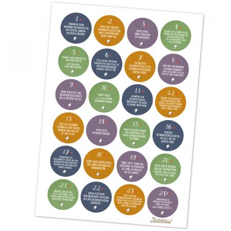 Adventskalenderzahlen Sticker mit Aufgaben zum Adventskalender Basteln für Erwachsene, lila beige grün gelb