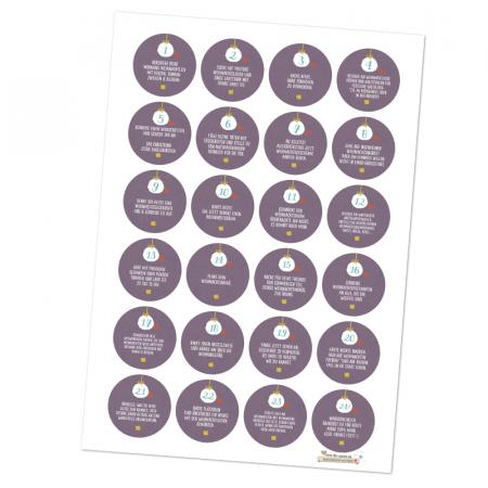 Adventskalenderzahlen mit Aufgaben selbstklebend zum Adventskalender Basteln für Erwachsene, Lila Weiß