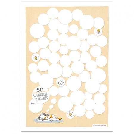 A3 Gäste Bild und Partyspiel für Kinder: 50 Wunschballons als Gästebuch Alternative für Mädchen zur Taufe, Einschulung, Beige