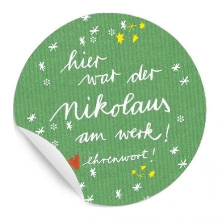 24 Nikolausaufkleber für Socken: Nikolaus am Werk, rund 4cm - Grün