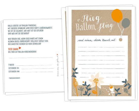 Ballonflugkarten für Hochzeit, Geburtstag, als Partyspiel,  Flieg Ballon Flieg! retro Folklore Blumen, Beige Orange Blau, Recyclingpapier Ballonkarten
