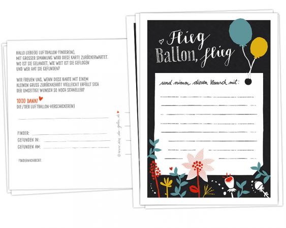 Ballonflugkarten für Hochzeit, Geburtstag, als Partyspiel,  Flieg Ballon Flieg!, retro Folklore Blumen, Schwarz Bunt, Recyclingpapier Ballonkarten